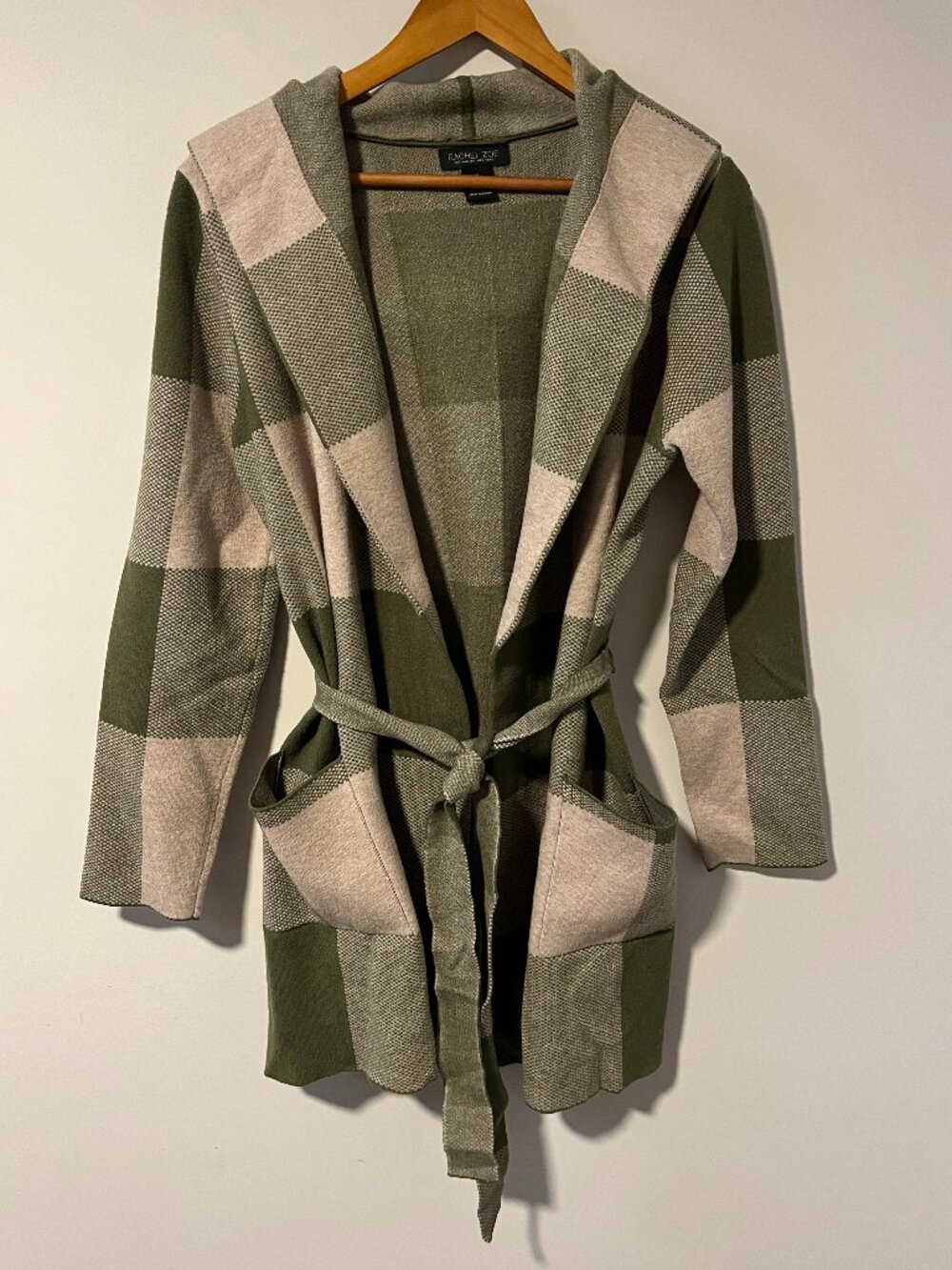 Rachel Zoe Green Plaid Hooded Open Front Belted Cardigan Pockets